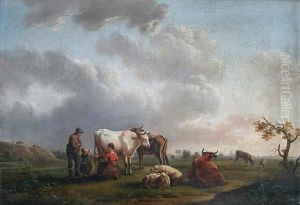Cattle And Sheep In A Meadow, With Milkmaid, Farmer And Young Girl Before by Balthasar Paul Ommeganck