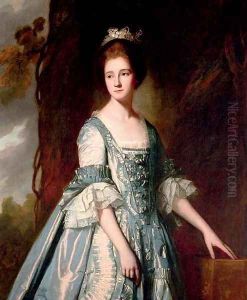 Portrait of a lady, half-length, in a blue and pink dress, in a landscape by George Romney