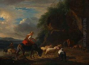 Abendstimmung Uber Einer Furt Mit Hirten Und Herde by Balthasar Paul Ommeganck