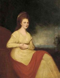 Portrait of a lady, seated three-quarter-length, in a cream dress and red wrap by George Romney