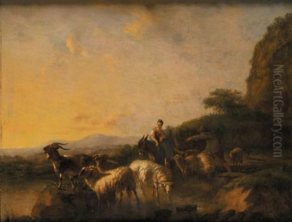 Berger Et Son Troupeau Traversant Le Gue - view 1
