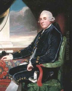 Portrait of Barry Maxwell, 1st Earl Farnham, seated three-quarter- length, wearing a blue velvet suit with gold buttons and white lace cuffs by George Romney