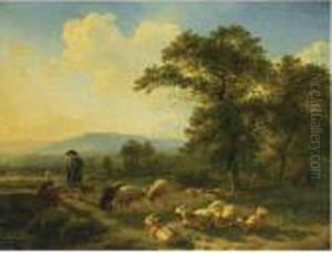 Shepherds With Their Herd In A Forest Landscape Shepherds With Their Herd In A Forest Landscape