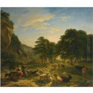 Shepherds And Their Flock Resting In A Landscape by Balthasar Paul Ommeganck