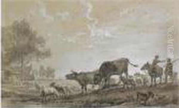 A River Landscape With A Peasant
And Maid Together With Cows, Goats And Sheep, Two Figures In The
Background Leading The Cattle Into The Barn by Balthasar Paul Ommeganck