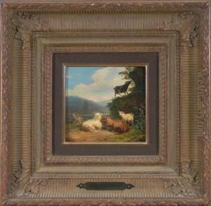 Zwei Ziegen Und Zwei Schafe Mit Lamm Bei Einem Flusslauf In Sommerlicher Hugellandschaft by Balthasar Paul Ommeganck