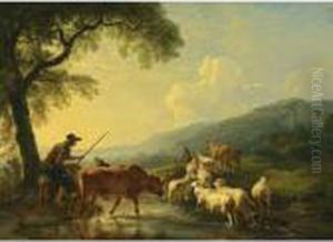 An Extensive Hilly Landscape
With Shepherds And Their Herd Of Cows, Sheep, Goats And Donkeys Fording A
Stream At Sunset by Balthasar Paul Ommeganck