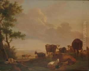 A Young Shepherd Asleep On A Bank With Cattle And Goats Nearby by Balthasar Paul Ommeganck