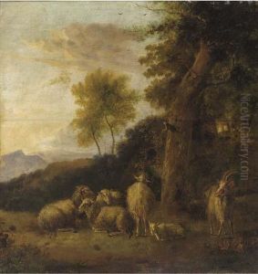 A Wooded Landscape With A Group Of Sheep And Goats Resting by Balthasar Paul Ommeganck