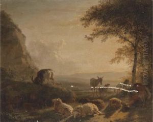 A Landscape With A Shepherd And His Flock At Sunset by Balthasar Paul Ommeganck