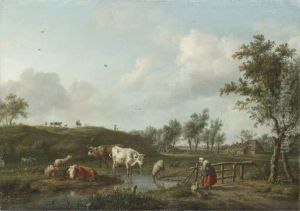 A Landscape With Cows Watering And A Shepherdess Mending A Fence