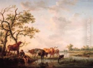 A Cowherd Watering Cattle At Sunset