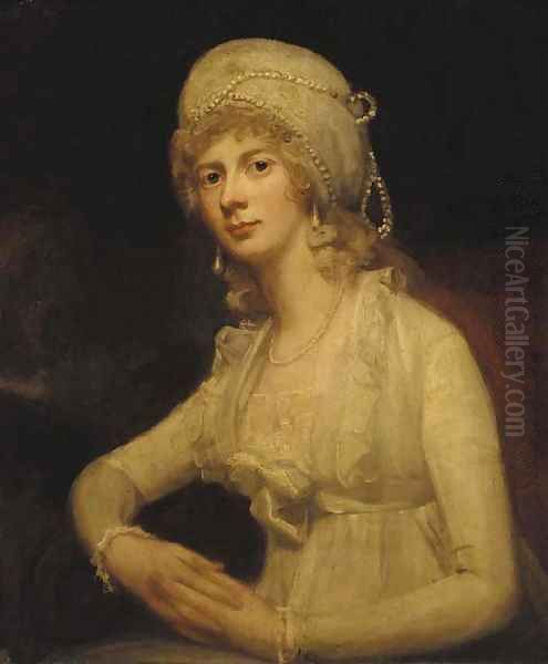 Portrait of a lady, seated half-length, in a white dress and white pearl-trimmed cap - view 1