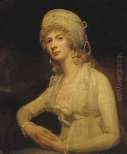 Portrait of a lady, seated half-length, in a white dress and white pearl-trimmed cap by George Romney
