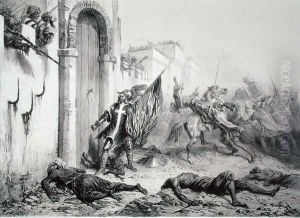 Ponce de Balagner at the Bab-Azoun Gate, from a volume commemorating the French Expeditionary Force which captured Algiers in 1830, engraved by Eugene Charles Francois Guerard 1821-66
