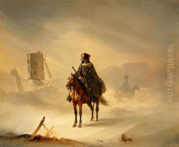 Two French Hussars on Patrol in Winter - view 1