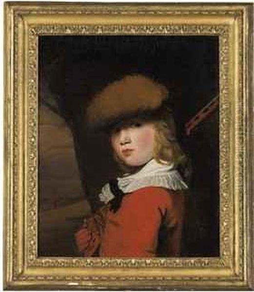 Portrait Of A Boy, Bust-length, 
In A Red Coat With A White Collarand A Fur Hat, Holding A Gun, In A 
Landscape - Unfinished - view 1