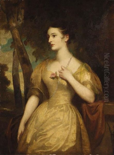 Portrait Of A Lady Said To Be
Miss Harford, Standing Three-quarterlength In A Landscape By A Pedestal,
Wearing A Yellow Dress And Apearl Necklace - view 1