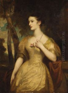 Portrait Of A Lady Said To Be 
Miss Harford, Standing Three-quarterlength In A Landscape By A Pedestal,
 Wearing A Yellow Dress And Apearl Necklace