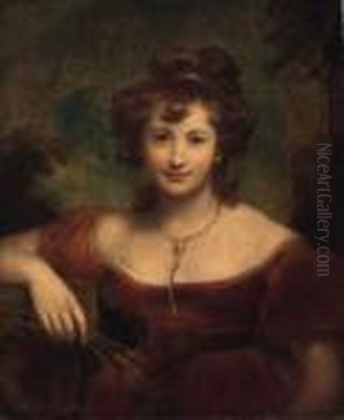 Portrait Of A Lady, Half Length,
 Wearing A Red Dress And A Goldnecklace, Holding Ears Of Wheat, Before A
 Landscape - view 1