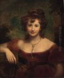 Portrait Of A Lady, Half Length,
 Wearing A Red Dress And A Goldnecklace, Holding Ears Of Wheat, Before A
 Landscape