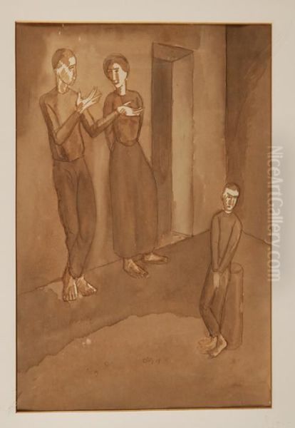 "mauthasen , Uomo Donna E
Bambino" 1918 China Acquarellata Su Carta Firmato E Datato Al Centro - view 1