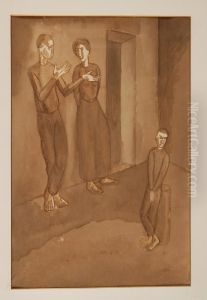 "mauthasen , Uomo Donna E 
Bambino" 1918 China Acquarellata Su Carta Firmato E Datato Al Centro