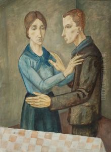 "i Fidanzati - L'addio" 1914 Olio Su Cartone Firmato E Datato In Basso A Sinistra by Ubaldo Oppi