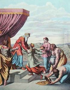 King Solomon receives the Queen of Sheba, illustration from Enseignement par les Yeux de lHistoire Sainte by Raphael