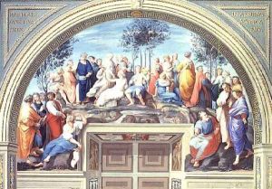 Parnassus and the Disputa, from the Stanza della Segnatura, print by Giovanni Volpato and Raphael Morghen