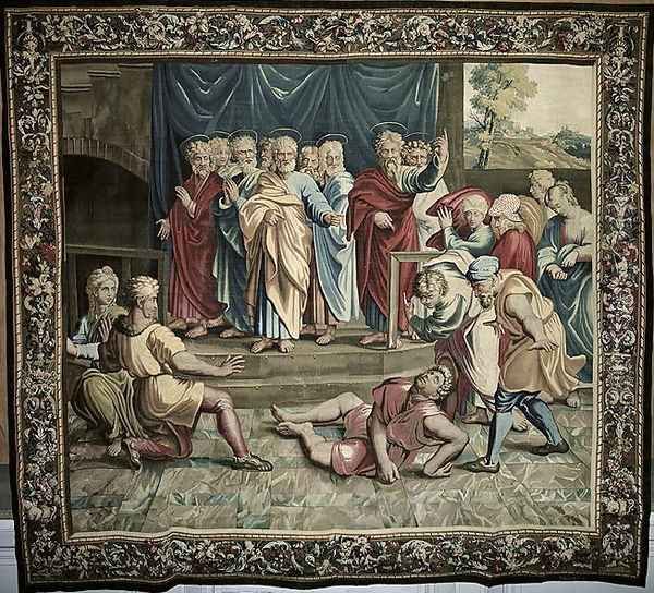 The Death of Ananias, from a series depicting the Acts of the Apostles, woven at the Beauvais Workshop under the direction of Philippe Behagle 1641-1705 1695-98 - view 1