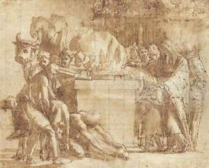 A pagan sacrifice with figures bringing rams to an altar by Raphael
