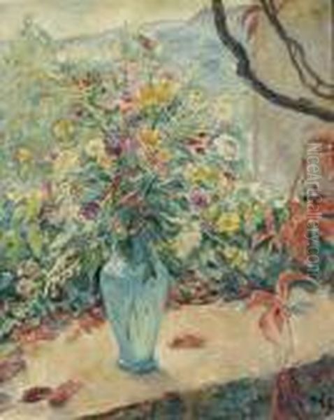 Bunter Blumenstrauss In Blauer Vase Auf Einer Brustung. - view 1