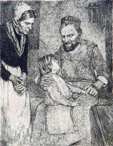 Orlik, Emil: Grandparents With
Grandchild,1896. Etching. Signed And Dated. - Minimally Brownish.
Minimallystained. Reverse Remains Of Old Mounting - view 1