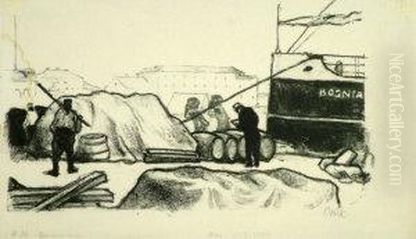 German -- Figures Working By A
Quayside; Lithograph On Japan Paper, Signed In Pencil, 14x23cm: Together
With One Other Lithograph By The Same Hand On Japan Paper By The Same
Hand Depicting Two Seated Arab Women: Together With A Large Collection
Of - view 1