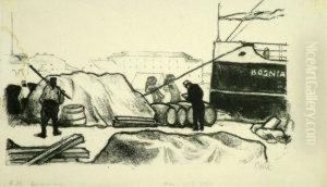 German -- Figures Working By A 
Quayside; Lithograph On Japan Paper, Signed In Pencil, 14x23cm: Together
 With One Other Lithograph By The Same Hand On Japan Paper By The Same 
Hand Depicting Two Seated Arab Women: Together With A Large Collection 
Of