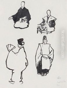 Studienblatt Mit Zwei Sitzenden 
Japanischen Musikern, Einer Stehenden Japanerin Mit Facher Und Eines 
Stehenden Japanischen Schauspielers Mit Geschlossenem Facher