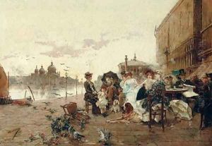 Mujeres elegantes en Venecia (Elegant figures taking tea before the Doge's Palace, Venice) by Manuel Ramirez - Ibanez