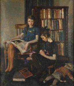 Study Of Two Young Girls Seated In A Library With Dolls by Sir William Newenham Montague Orpen