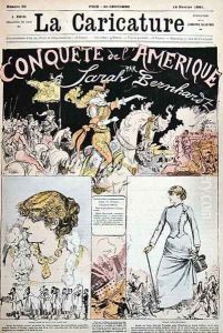 The Conquest of America by Sarah Bernhardt, cartoon from La Caricature magazine, 19th February, 1881 by Albert Robida