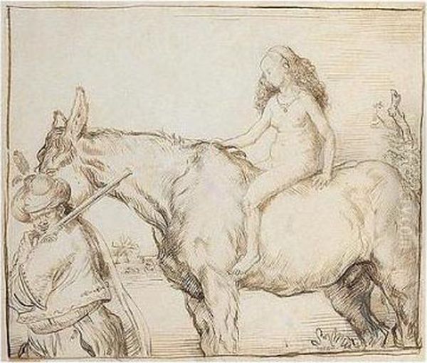 R.a. , Lady On A Donkey, Signed, Pen And Ink, 24 By 28 Cm., 9 1/2 By 11 In - view 1