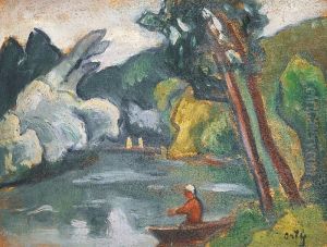 Pecheur En Barque Au Bord De L""eau by Manuel Ortiz De Zarate