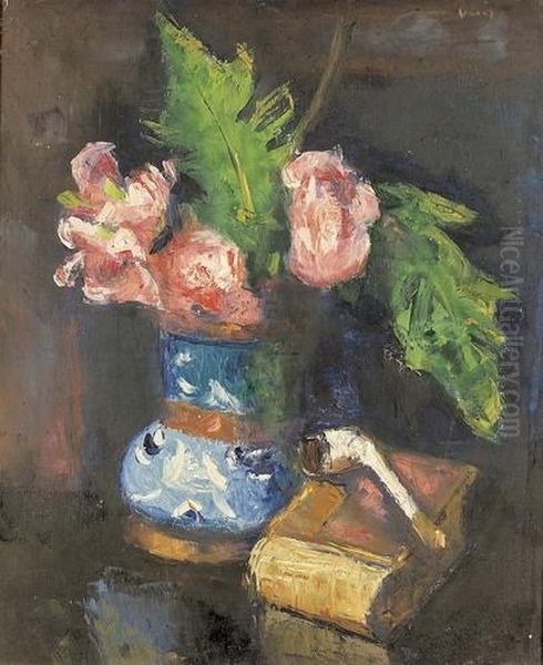 Stillleben Mit Rosen, Buch Und Pfeife. - view 1