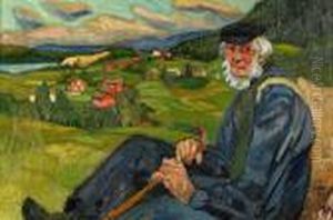 Norrlandskt Landskap Med Sittande Man I Forgrunden by Helmer Osslund