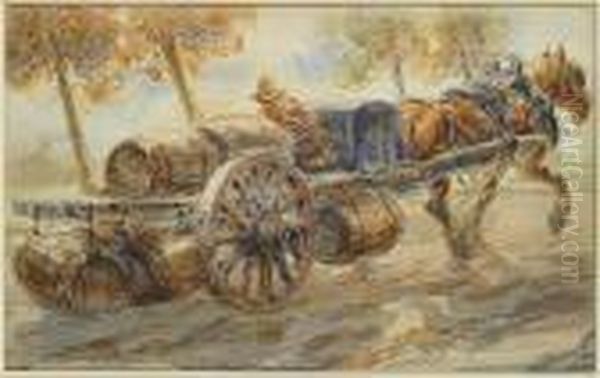 Paysan Et Char A Cheval, Rempli De Tonnaux - view 1