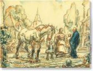Boerenfamilie Te Paard. 
Pentekening En Aquarel. Getekend En Gedateerd 'a.ost 44'. In Kader by Alfred Ost