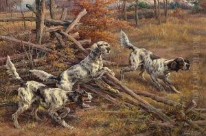 Three English Setters Clearing A Fence