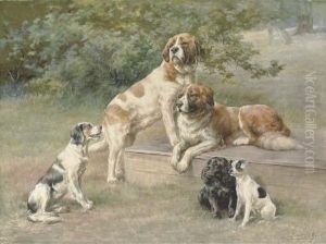 Two St. Bernards, A Black Cocker Spaniel, An English Setter And Ablack And White Terrier by Edmund Henry Osthaus