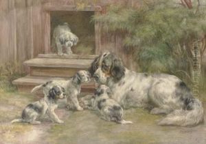 A Setter And Her Puppies Outside A Kennel by Edmund Henry Osthaus