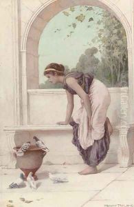 A classical maiden on a terrace with doves and pigeons by Henry Ryland